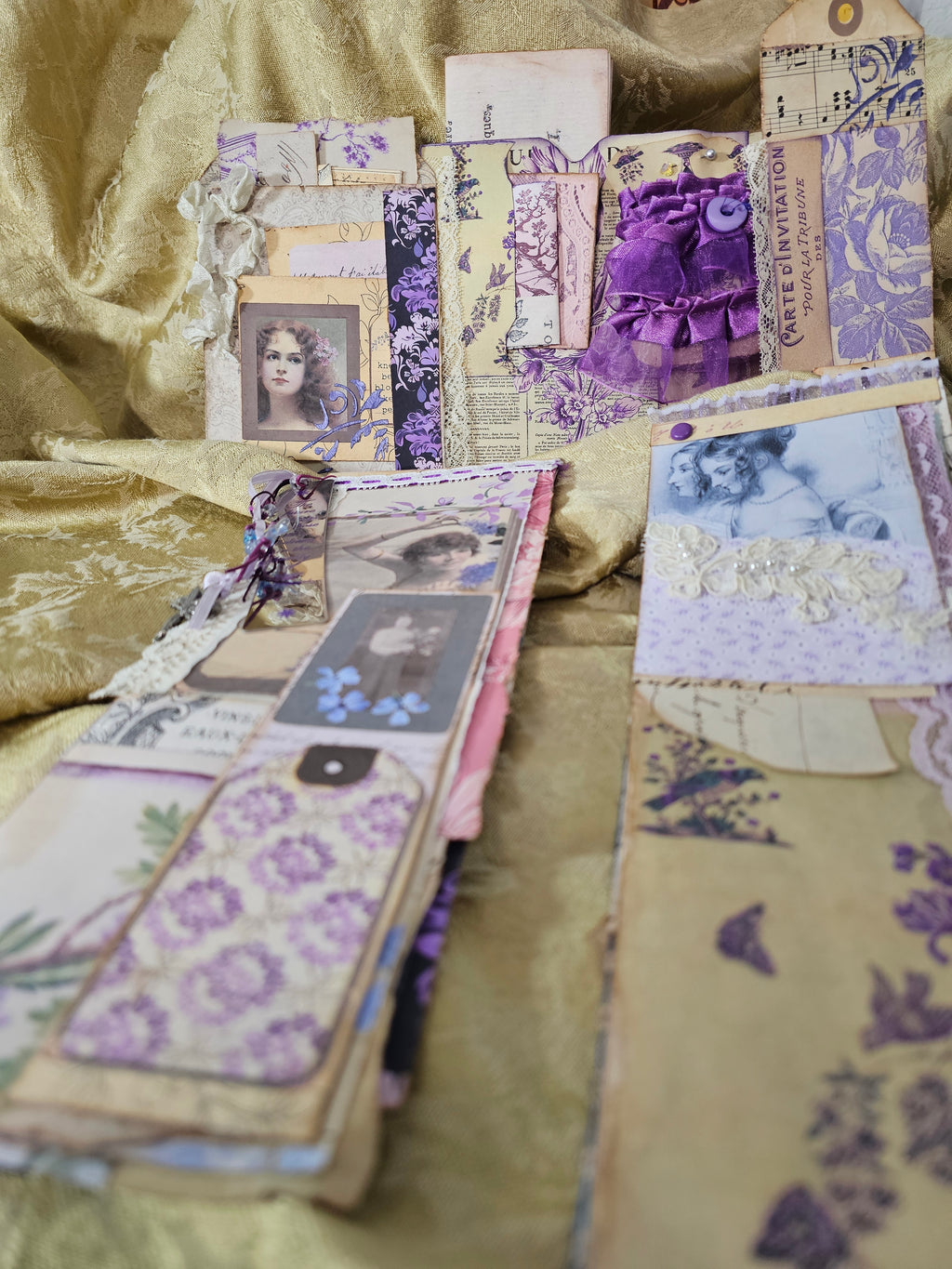 Vintage-style collage with old photographs and decorative paper on a textured surface