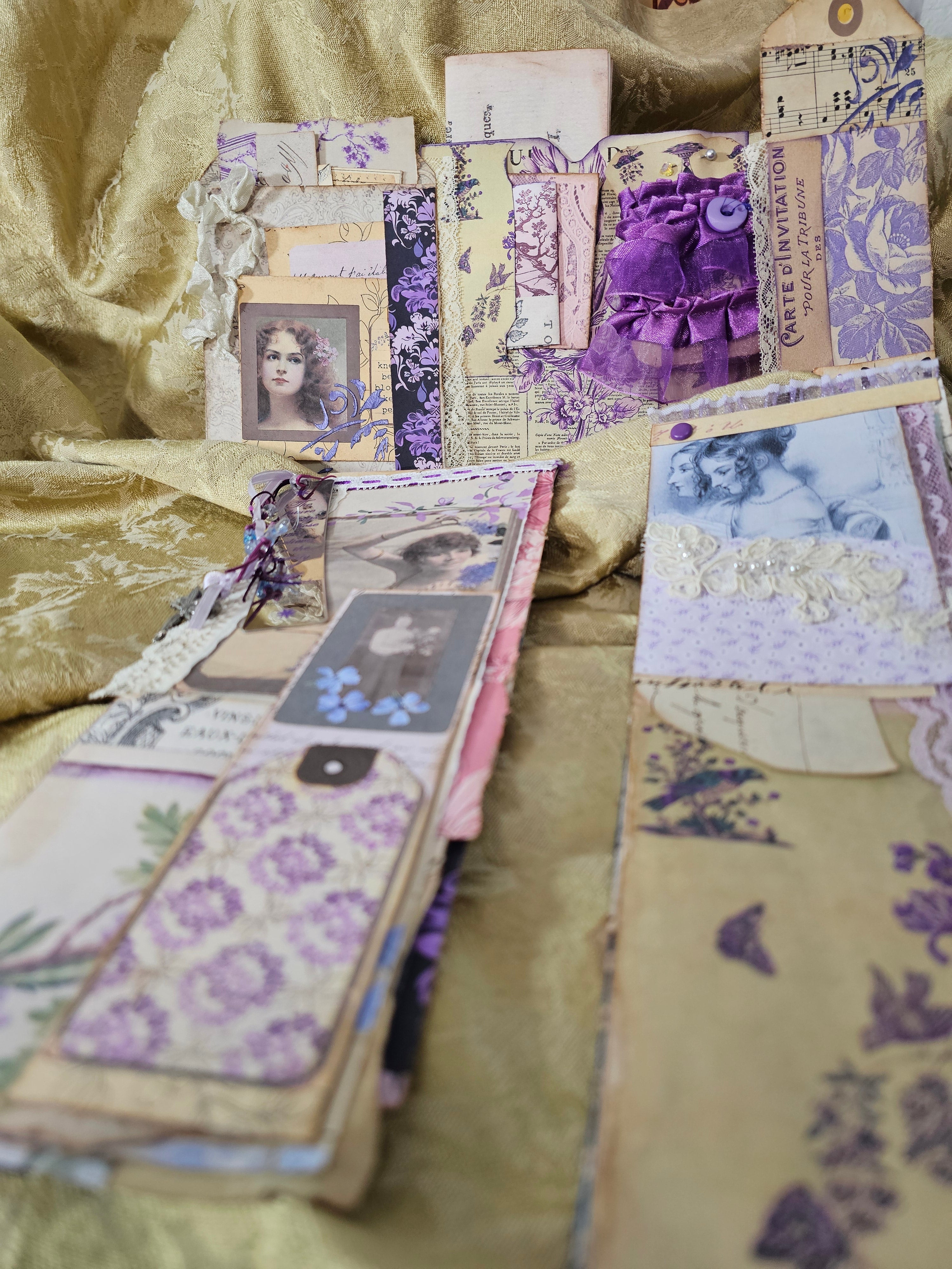 Vintage-style collage with old photographs and decorative paper on a textured surface